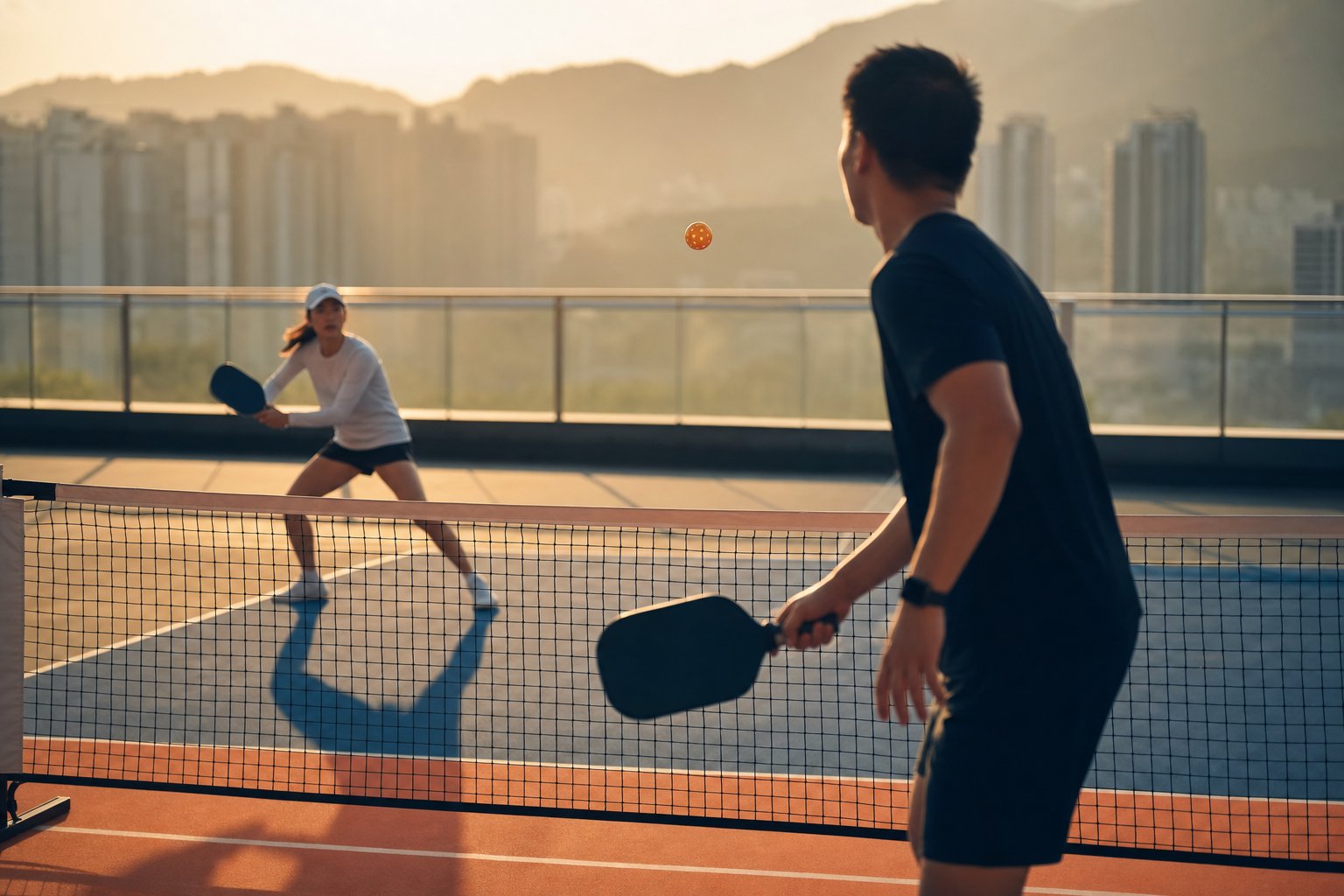 Pickleball players in Hong Kong at golden hour